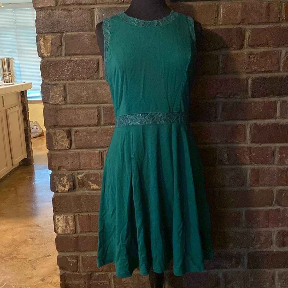 Skies are Blue green fit and flare knit and lace sleeveless mini dress